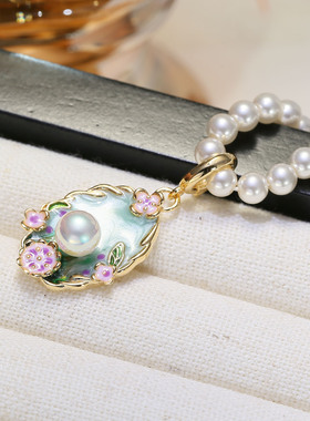 DIY配件 S925纯银油画珍珠吊坠空托 复古项坠扣头银托可打开5-6