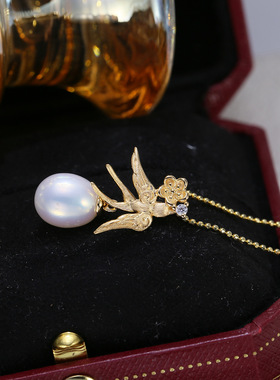 DIY配件 S925纯银燕子珍珠吊坠空托配饰个性创意项链坠子银托材料