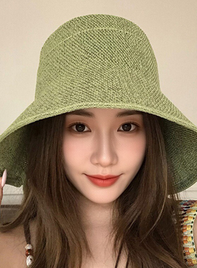 牛油果绿编织渔夫帽女夏防晒显小