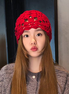 民族风绵羊毛手工镂空针织帽女