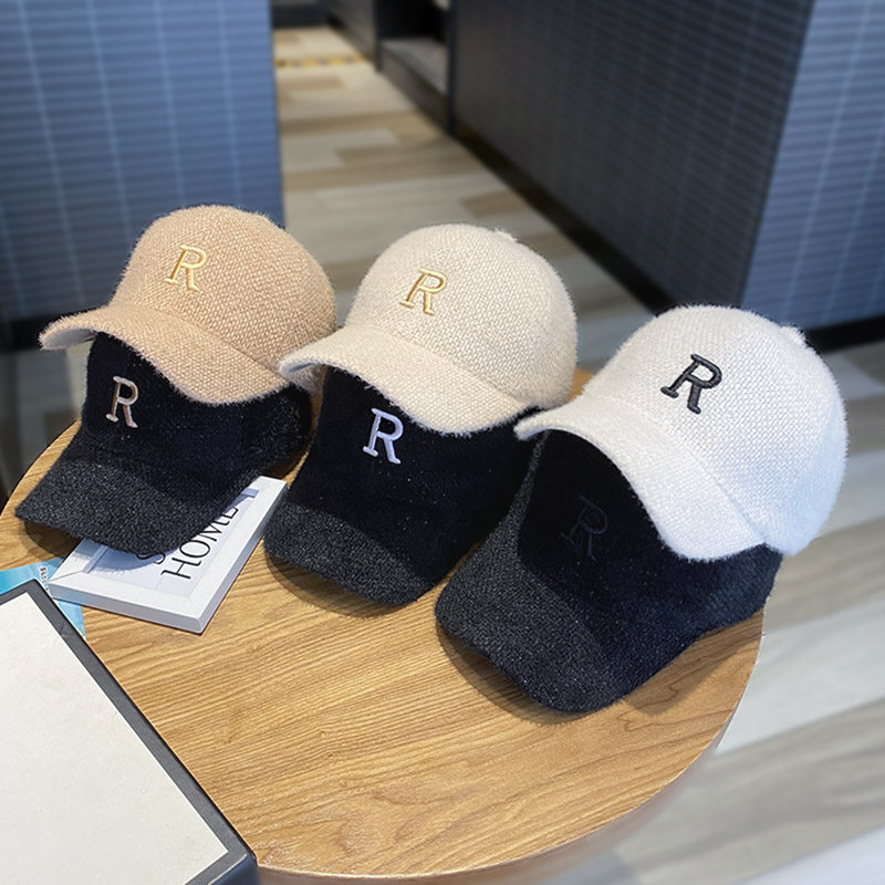 韩版休闲刺绣字母R加绒棒球帽子女秋冬季保暖百搭显脸小鸭舌帽男