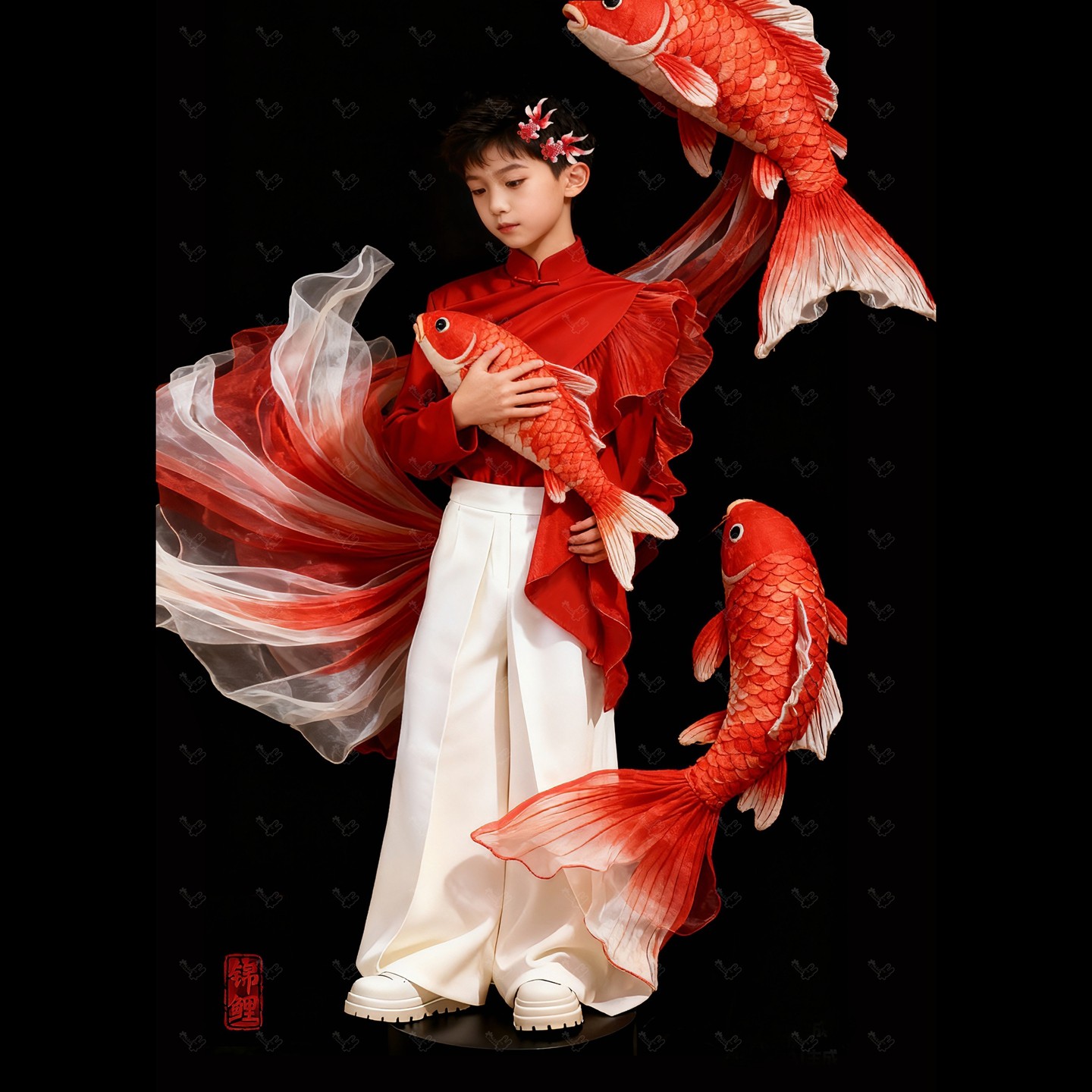 新中式儿童汉服红色喜庆舞台走秀模卡艺术照儿童摄影服装新年拍照,淘宝优惠券,粉丝福利购,淘宝优惠卷