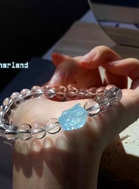 新品白水晶海蓝宝diy手串海蓝宝兔子搭配白色手链趴趴兔手串饰品