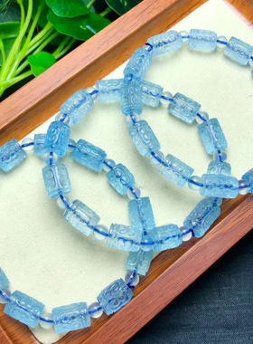 新品天然海蓝宝回纹桶珠单圈手链水晶手串女款蓝色礼物手串饰品