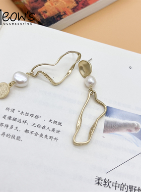 不对称长款耳坠复古哑光珍珠