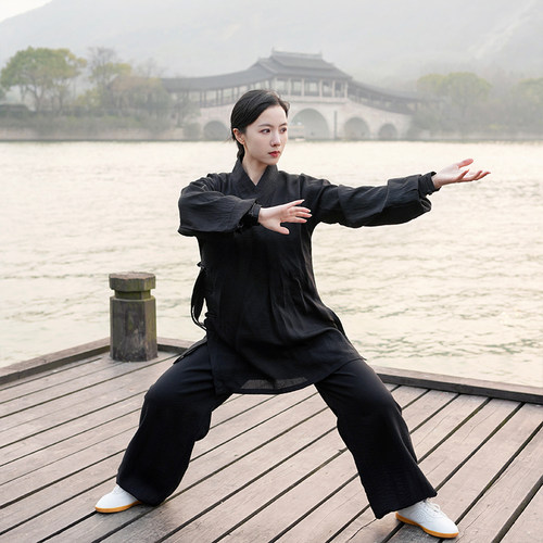 2023新款斜领绑袖太极服女男春夏季亚麻棉太极拳练功服武术表演服 - 图0