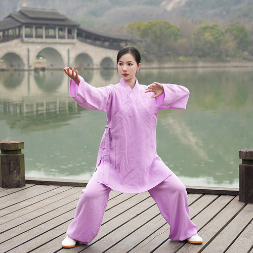 2023新款斜领直袖太极服女男春夏季亚麻棉太极拳练功服武术表演服 - 图3