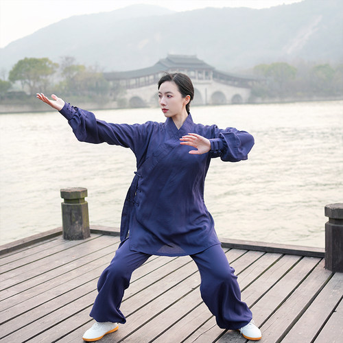2023新款斜领绑袖太极服女男春夏季亚麻棉太极拳练功服武术表演服 - 图1