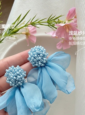 小众蓝色花朵耳钉方圆脸度假风