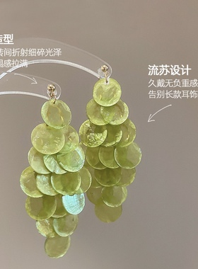 小众绿色葡萄串流苏耳钉高级感