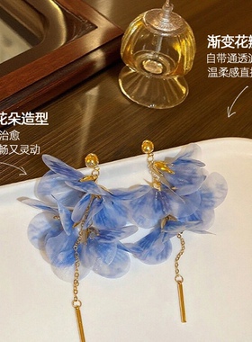 小众蓝色花朵耳钉高级感
