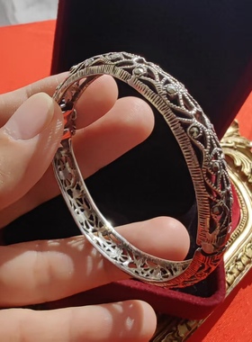 美国进口现货手工老银镂空手镯镶嵌马克塞石西洋中古首饰古着手环