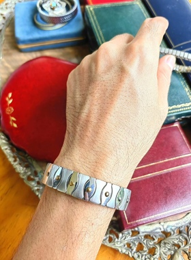 钢镀18K金和14K金情侣手镯一对记忆弹簧叠搭中性手链中古首饰古着