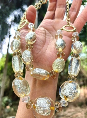 中古首饰Vintage双层项链白水晶茶晶手工银箔琉璃古着西洋复古