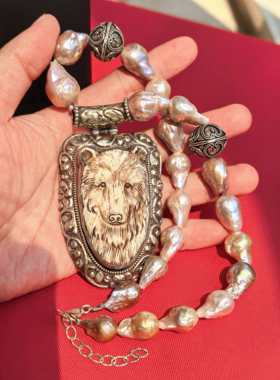 天然巴洛克随型珍珠925纯银手工雕刻熊护身符项链吊坠中古着首饰