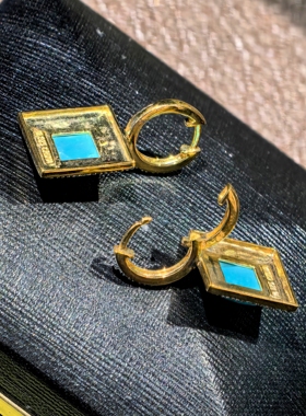Pt925银镀金立体天然精品蓝松石耳坠 耳扣圈形卡扣设计 外壁密镶
