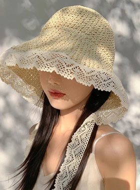法式蕾丝花边遮阳草帽女夏季大帽檐飘带渔夫帽海边可折叠遮阳帽子