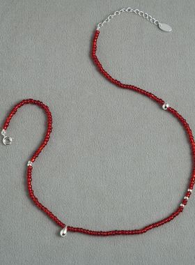 新年新款红色串珠项链轻奢复古简约小众手工本命年银色小水滴项链