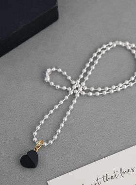 NMEK*家爱心项链 韩国小众简约设计镀银黑玛瑙锁骨链