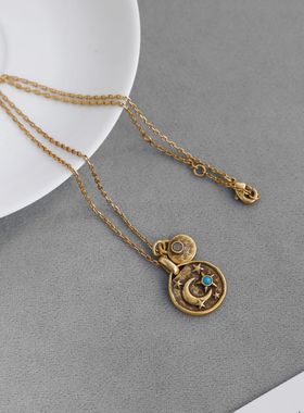 法国GOOS*家占星系列月亮项链 欧美复古小众蓝松石月牙护身符项链
