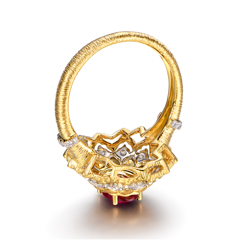米莱珠宝 1.3克拉鸽血红红宝石戒指 18K金镶嵌 织纹雕金工艺 定制 - 图1