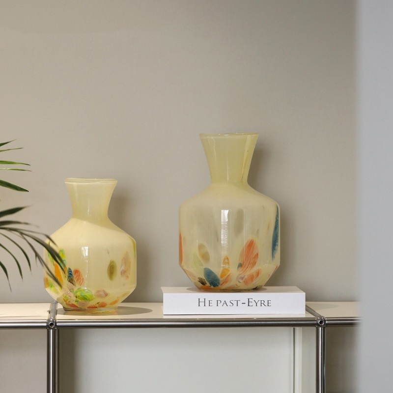 中古芬顿琥珀黄色瓷粉玻璃花瓶样板房客厅家居摆件台面装饰花器 - 图0
