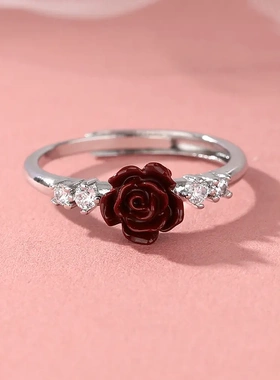 朱砂玫瑰戒指复古山茶小花食指戒新年款红色花朵锆石指环求婚礼物