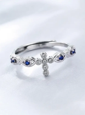 蓝色锆石十字架戒指欧美信仰幸运鱼食指戒创意风年年有鱼小鱼指环