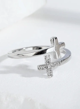 闪钻双十字架戒指嘻哈酷女孩夏季新款潮个性设计感镶锆石十字指环