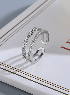 宁宁 ins个性锆石双圈开口戒指女锁链波浪交叉链条缠绕指环轻奢