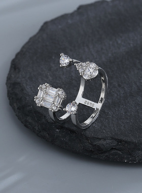 宁宁 个性方钻水滴开口戒指轻奢重工满钻双层关节指环跨境