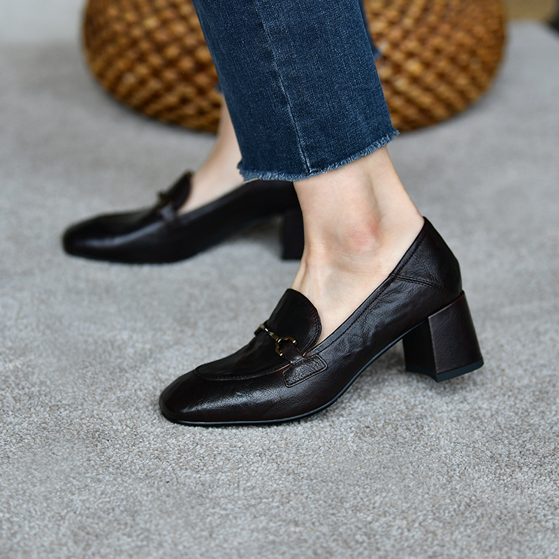 皮厚先生 真皮金属扣乐福鞋粗跟单鞋高跟鞋通勤女鞋大码 - 图3