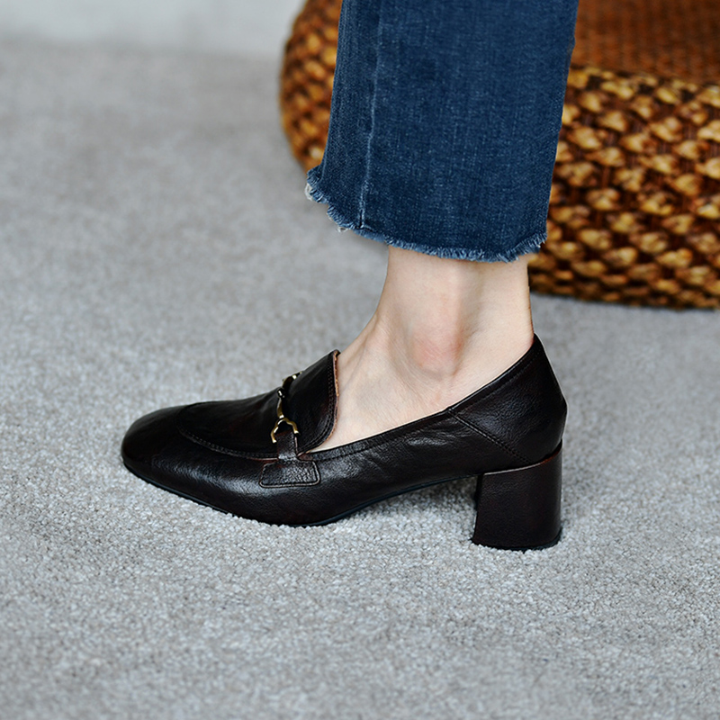 皮厚先生 真皮金属扣乐福鞋粗跟单鞋高跟鞋通勤女鞋大码 - 图2