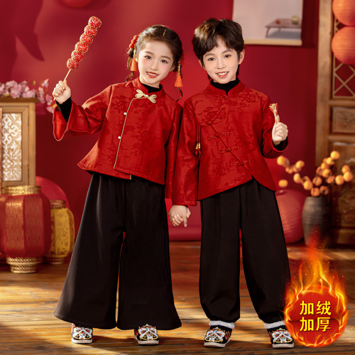 儿童冬季汉服红色元旦表演服拜年服古风唐装国风男女童新中式套装 - 图3
