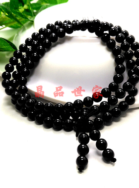 天然黑碧玺三圈手链手工编制佛珠