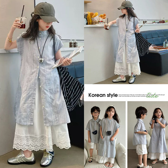 度假亲子装一家三口儿童短袖衬衫慵懒风夏季两件套连衣裙家庭装