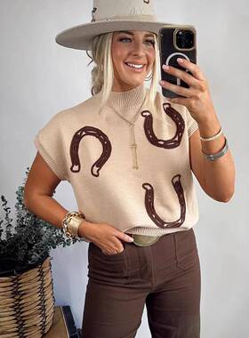Women's Horseshoes Ribbed Trim Mock Neck Short Sve Sweater