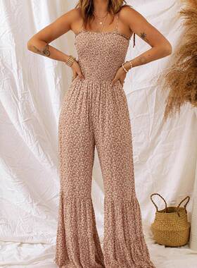 Women’s Boho Thin Straps Smocked Bodice Wide Leg Shirred