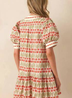 Women's Tulip Floral Print Cotton Puff Short Sve Mini Dress