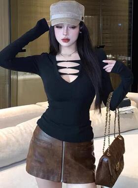 Women's Plain Cut Out Long Sleeved Basic Tee Casual Long