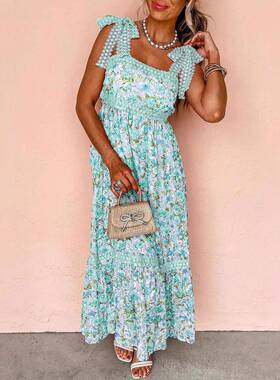 Women's Boho Dresses Floral Tied Lace Straps Empire Waist