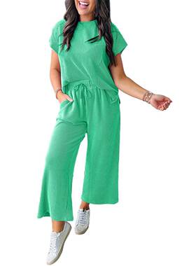 Women‘s Solid Casual Summer Casual Ribbed Pajama Sets Corde