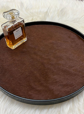 圆形托盘木质收纳盘轻奢真马毛新款香薰托盘ins高颜值