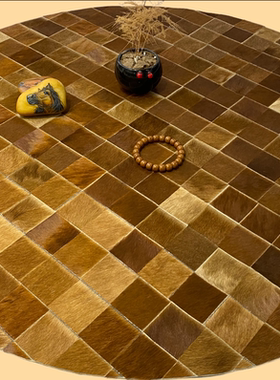 马毛棋盘格天然马毛手工拼接中古风地毯桌垫装饰家居用品圆形