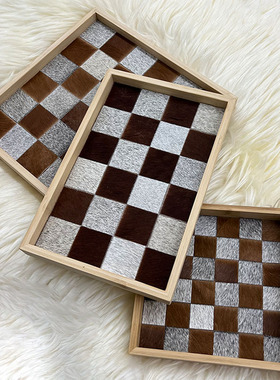 原创设计棕色马毛棋盘格托盘木质竹子轻奢新款香薰托盘ins收纳盘