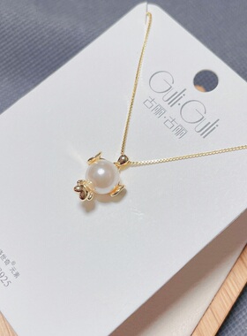 古丽古丽银饰通体S925纯银珍珠戴耳机的小人时尚锁骨项链女百搭潮