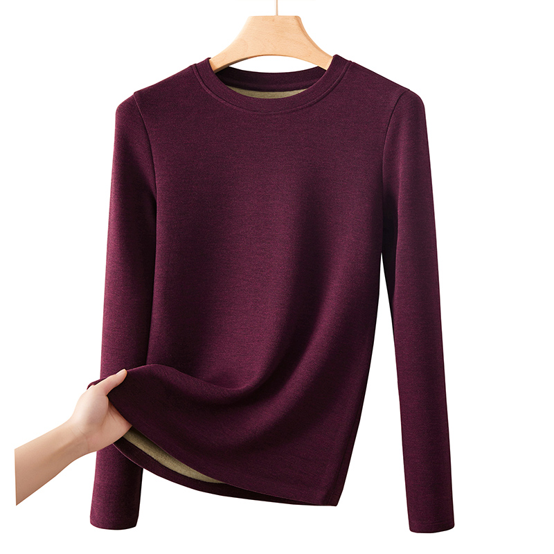 羊毛蚕丝德绒圆领打底衫女秋冬加绒加厚女士保暖内衣内搭长袖T恤 - 图3