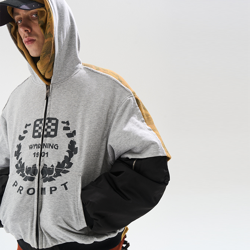 EXITMODE BY BLINDNOPLAN 25AW 假两件毛边拼接迷彩ma1棉服外套 - 图2