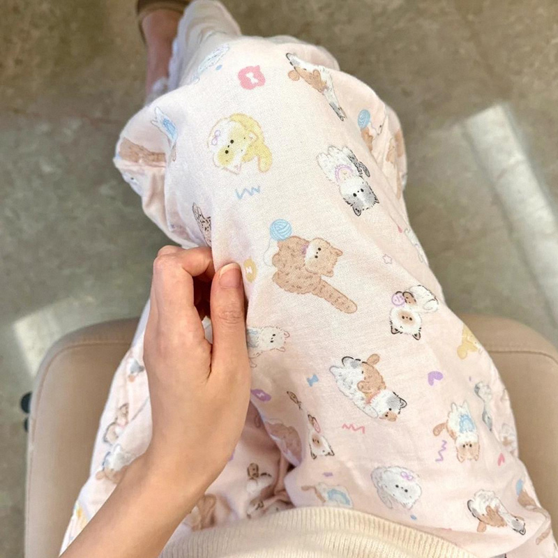 小奶猫翻领春秋款大码睡衣女士长袖纯棉双层纱布薄款家居服套装