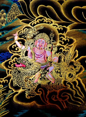 收藏级黄财神唐卡纯手绘描金唐卡客厅玄关装饰画 黑金黄财神唐卡